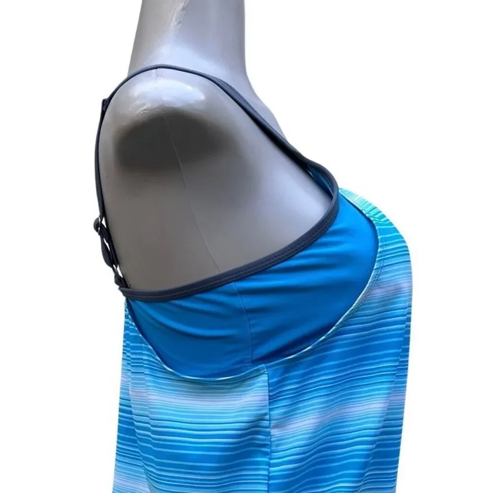 Free Country Swim Tankini Top Women's Medium Blue Striped Blouson Style
